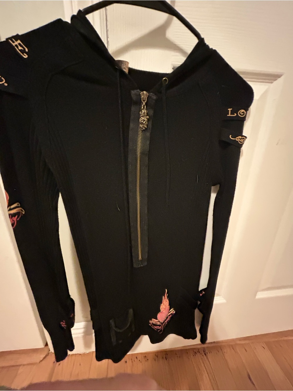 Vintage Ed Hardy Ribbed Knit Hoodie Dress Y2K Small